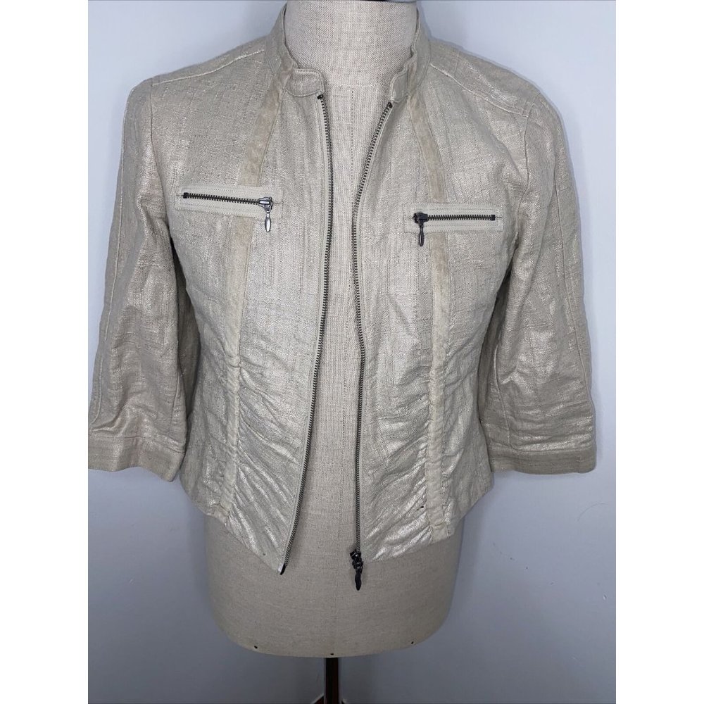 Chico's Women’s Jacket Sz 1 M Tan Blazer Pocket Cotton Linen Moto Zipper Pockets
